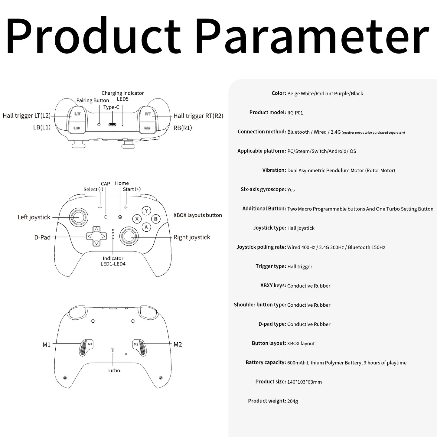 ANBERNIC RG P01 Gamepad Wireless Gaming Controller Hall Trigger Joystick Macro Key RGB Breathing Light For Switch PC Android IOS