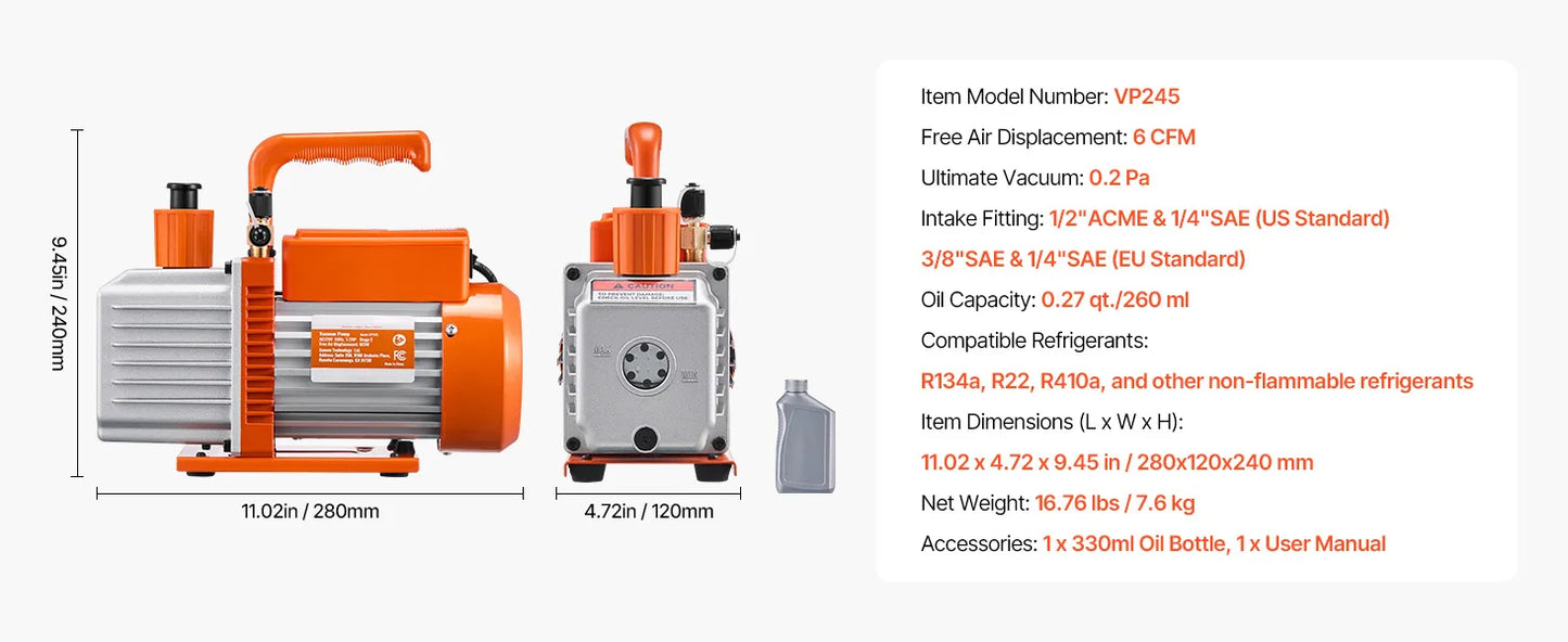 SucceBuy Vacuum Pump & Oil Bottle 3.5CFM/4CFM/5CFM 1-Stage or 6CFM 9CFM 2-Stage, R134a R22 R410a Systems Conditioner Maintenance