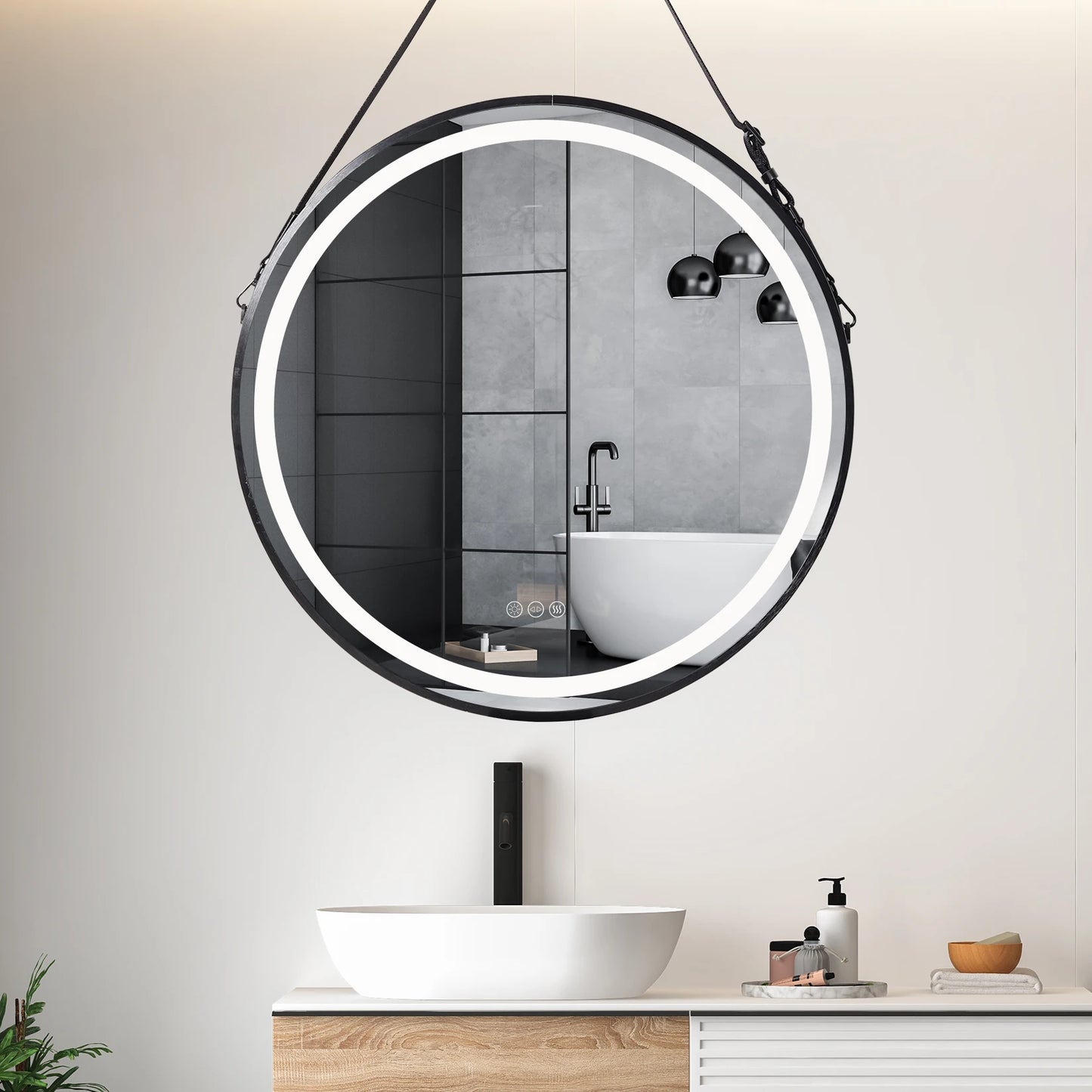 Frame Round Mirror,Round Bathroom Mirror with Light,Wall Mounted Lighted Vanity Mirror, Anti-Fog & Dimmable Touch Switch