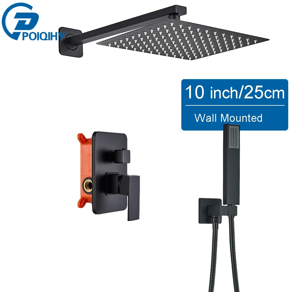 POIQIHY Embedded In Wall Shower Faucet Rainfall Stainless Steel 8/10/12/16" Shower Head Faucet Shower Tap Mixers Matte Black