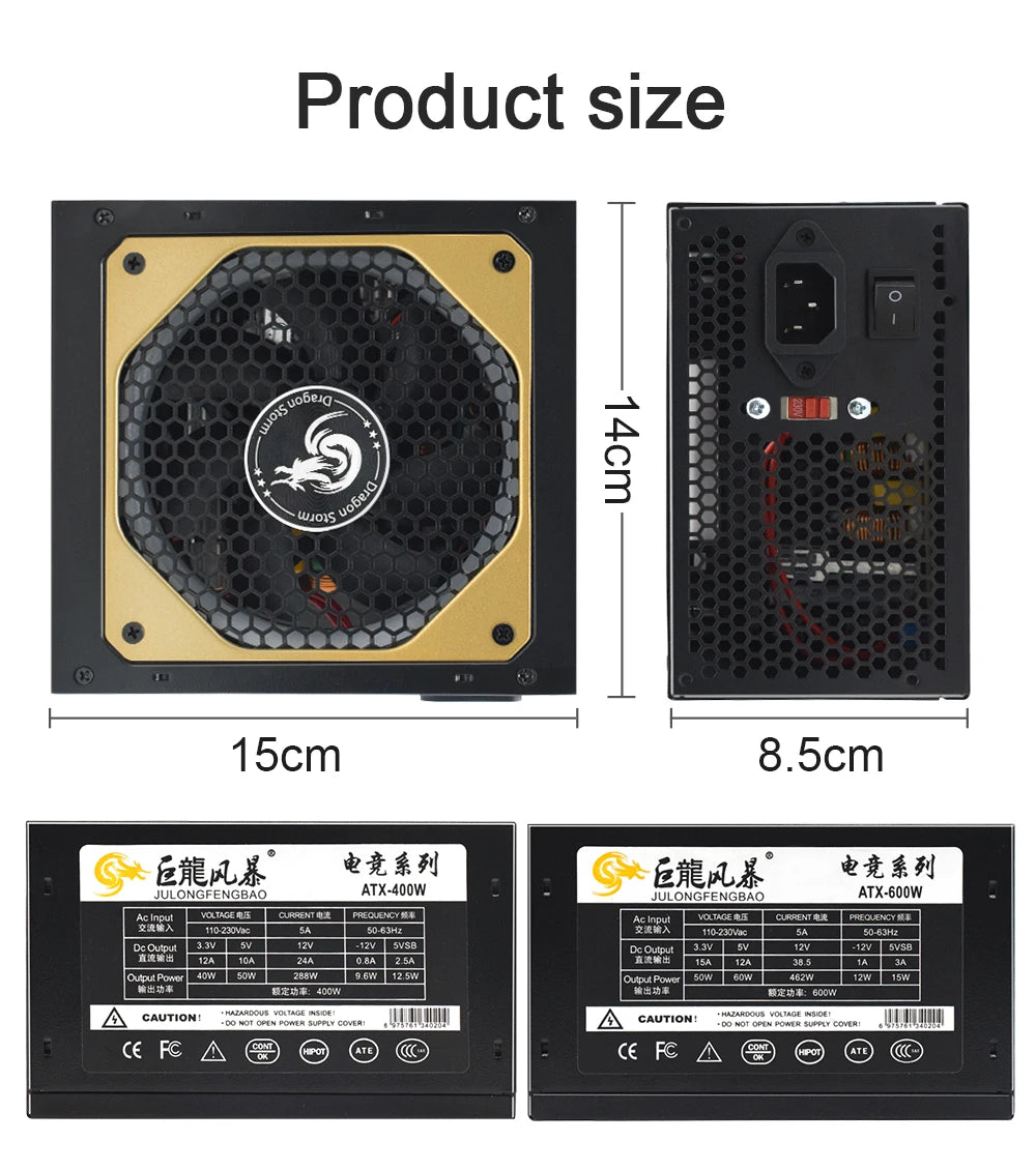 110/230V ATX 400W 600W RGB Colorful Silent Fan PSU 24Pin 12V Desktop E-Sports Video Game Computer Power Supply