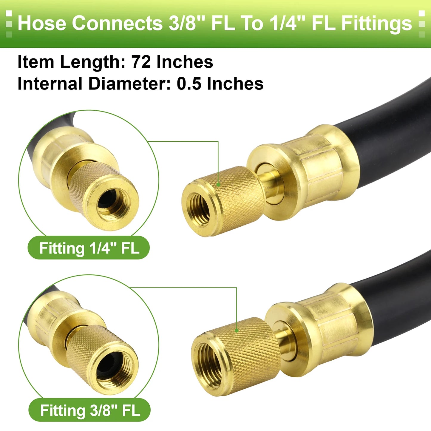 High-Flow Refrigerant Hose, Black, 6', 1/2" Diameter, 3/8" to 1/4" Fitting