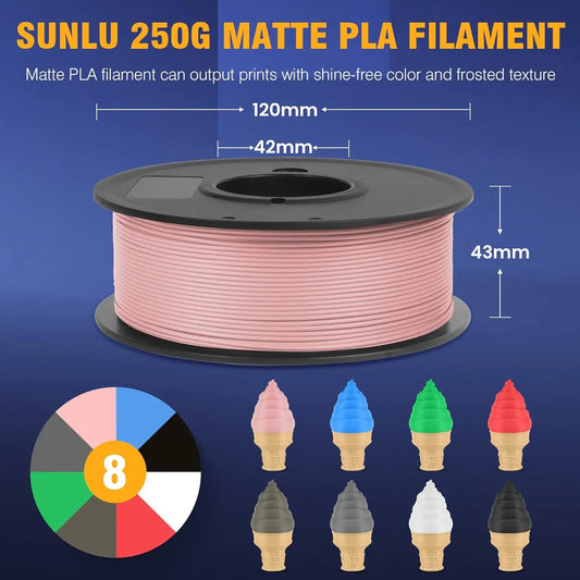 SUNLU PLA Matte 0.25kg/Roll 2KG 8 Rolls 3D Printer Fialment 8 Colors 100% Filament Lines Up Neatly For 3D Printing