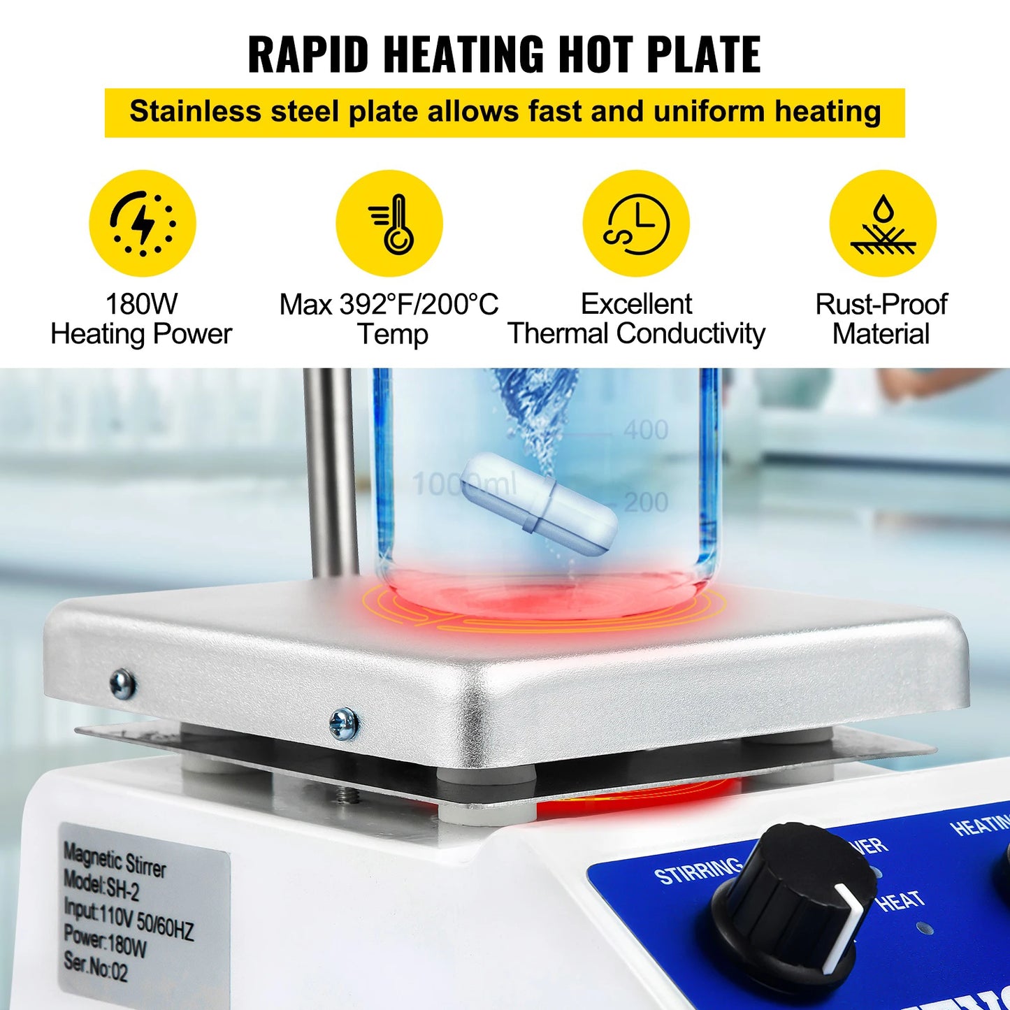 SucceBuy 1000ML Electric Magnetic Stirrer Hot Plate Vortex Mixer Shaker With Stir Bar Medical Bioloicgal Chemical Laboratory