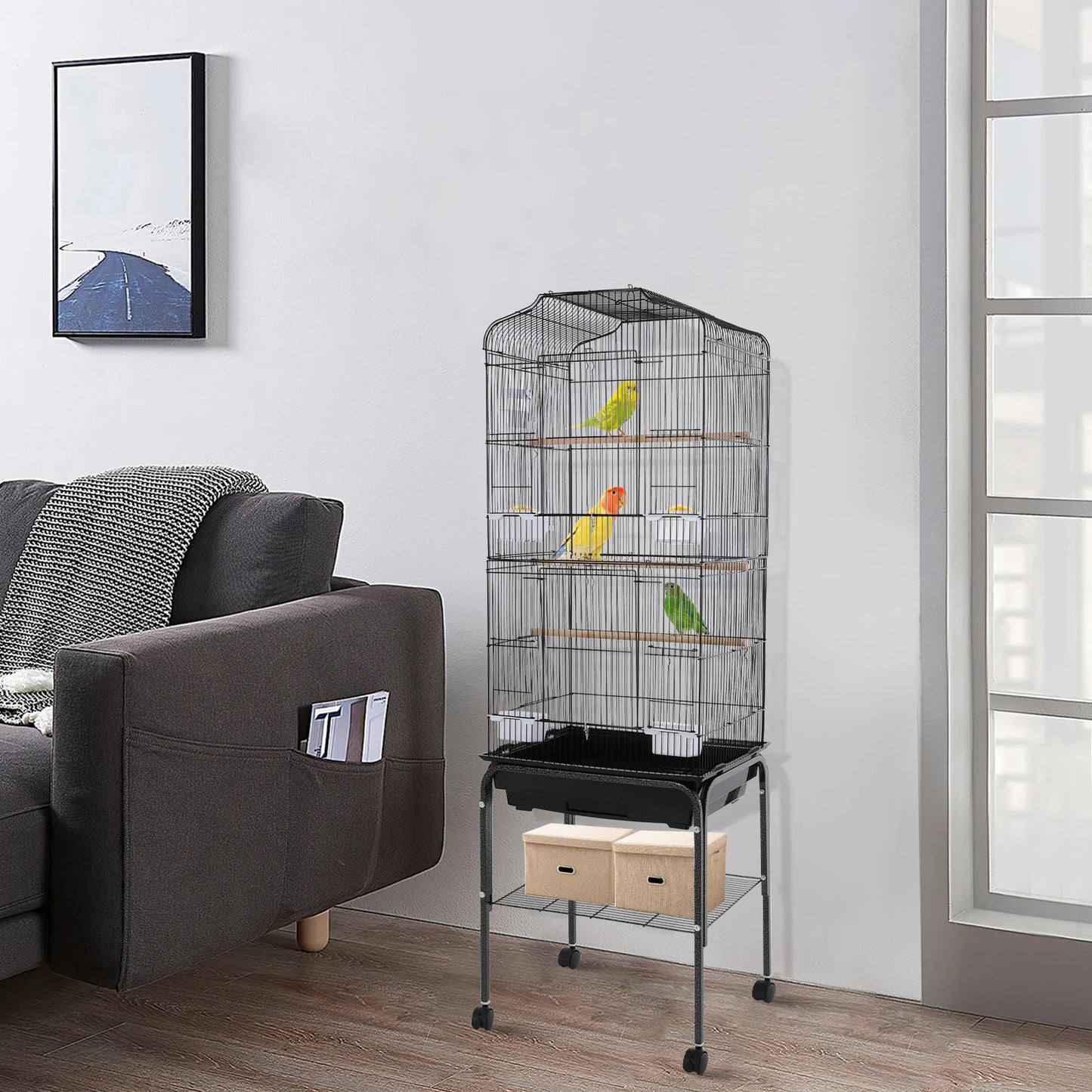 Large Bird Cage with Stand & Wheels, 47x37x137cm Flight Cage for Cockatiels Parrots Finches with Lockable Door (White/Black))