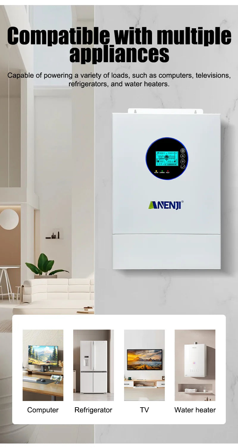 ANENJI Split Phase 12KW 48V Hybrid Solar Inverter 120V 220V Parallel Inverter Pure Sine On Grid MPPT 200A Solar Charger PV 500V