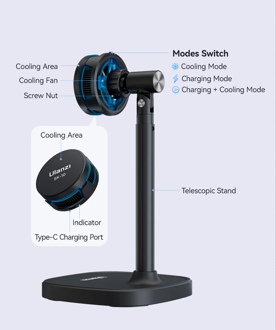 Ulanzi SK-10 3 in 1 Magnetic Cell Phone Stand with Cooling Fan and Wireless Charger for iPhone Height Adjustable Phone Desk Hold