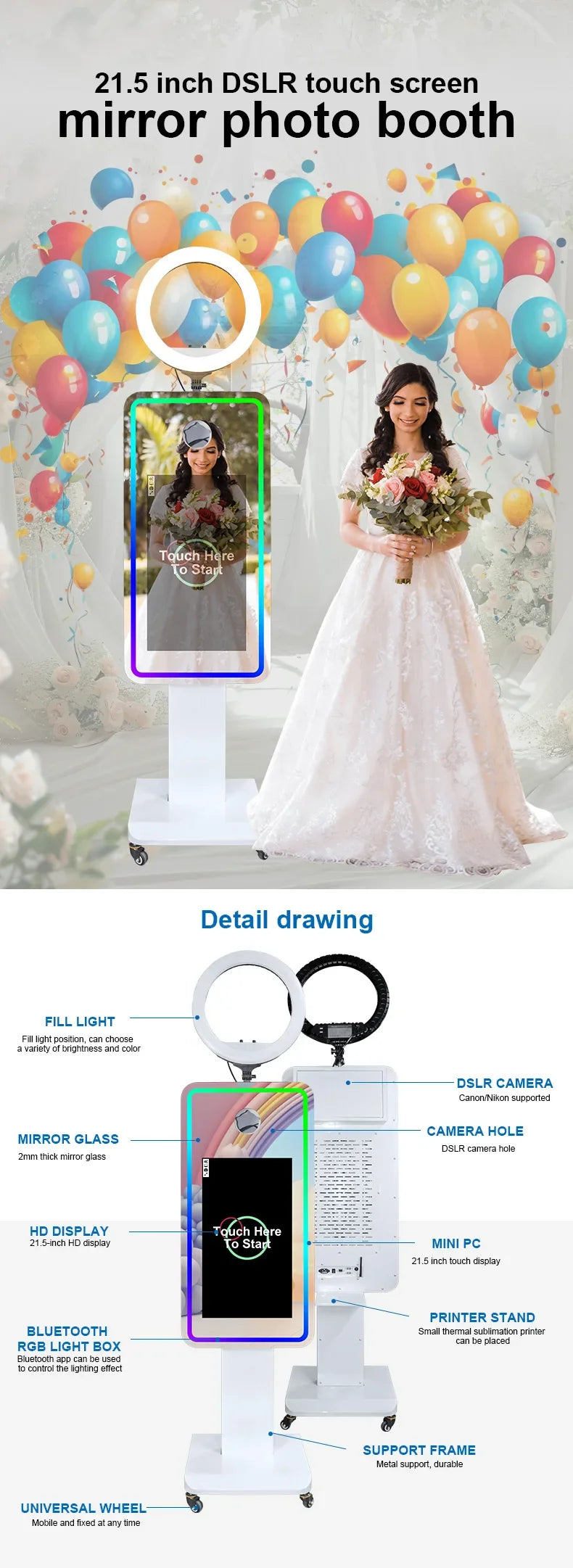 Portable Mirror Photo Booth Selfie Machine 21.5 in Touch Screen with Wheels and Flight Case for Party and Event