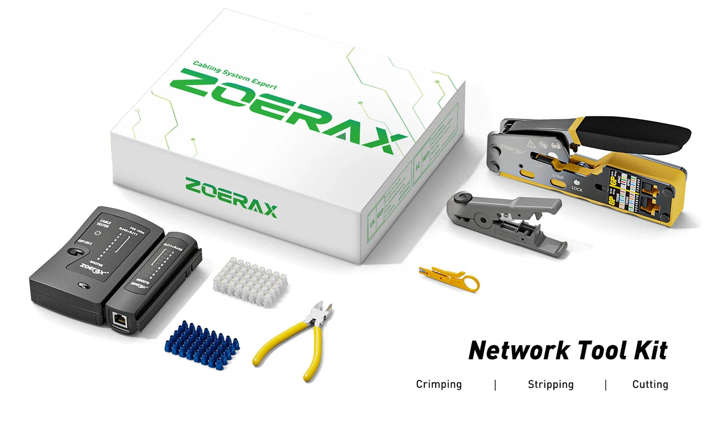 ZoeRax RJ45 CAT6 CAT5E Crimp Tool Kit,Crimp tool,Cable Tester,Wire Cutter and Stripper,Blade,50PCS Connectors and Boots