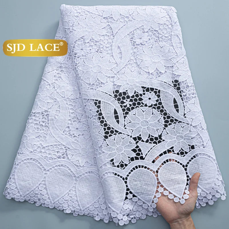 SJD LACE African Sequins Guipure Cord Lace Fabrics 5 Yards White 2026 New Nigerian Water Soluble Lace For Women Dresses Sew 4197