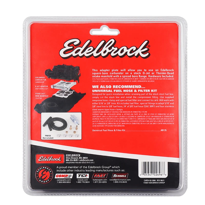Edelbrock 2696 Carburetor Spacer Four-Hole Square-Bore to Spread-Bore For Quadrajet & Thermo-Quad Manifold Base 0.85in Venturi
