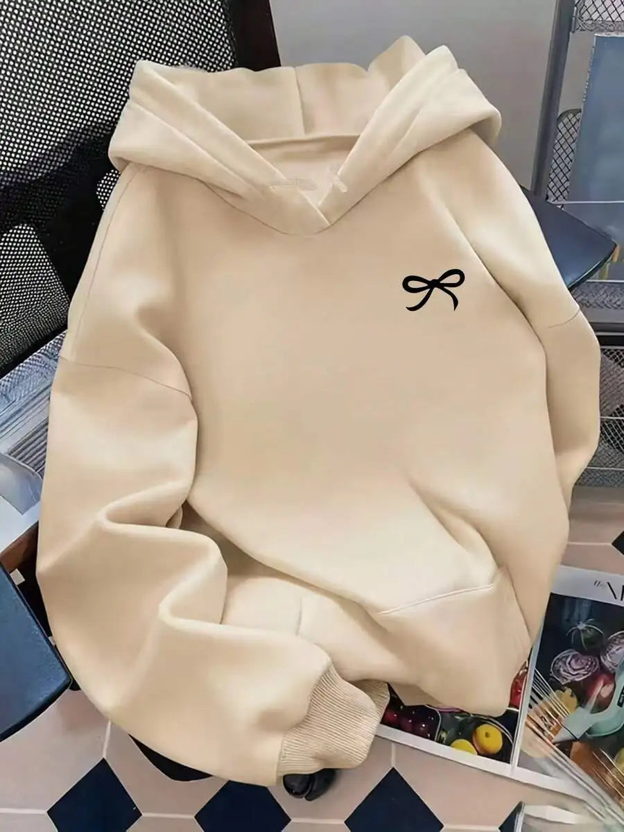 Navy Blue Oversized Hoodie with White Bow Embroidery for Women