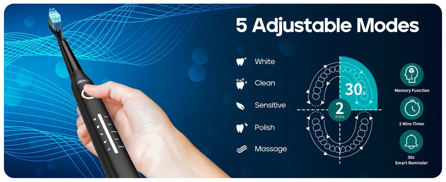 Seago Fast Rechargeable Electric Toothbrush  Smart Automatic with 8 Replacement Brush Heads Adult Waterproof 5 Modes SG-958