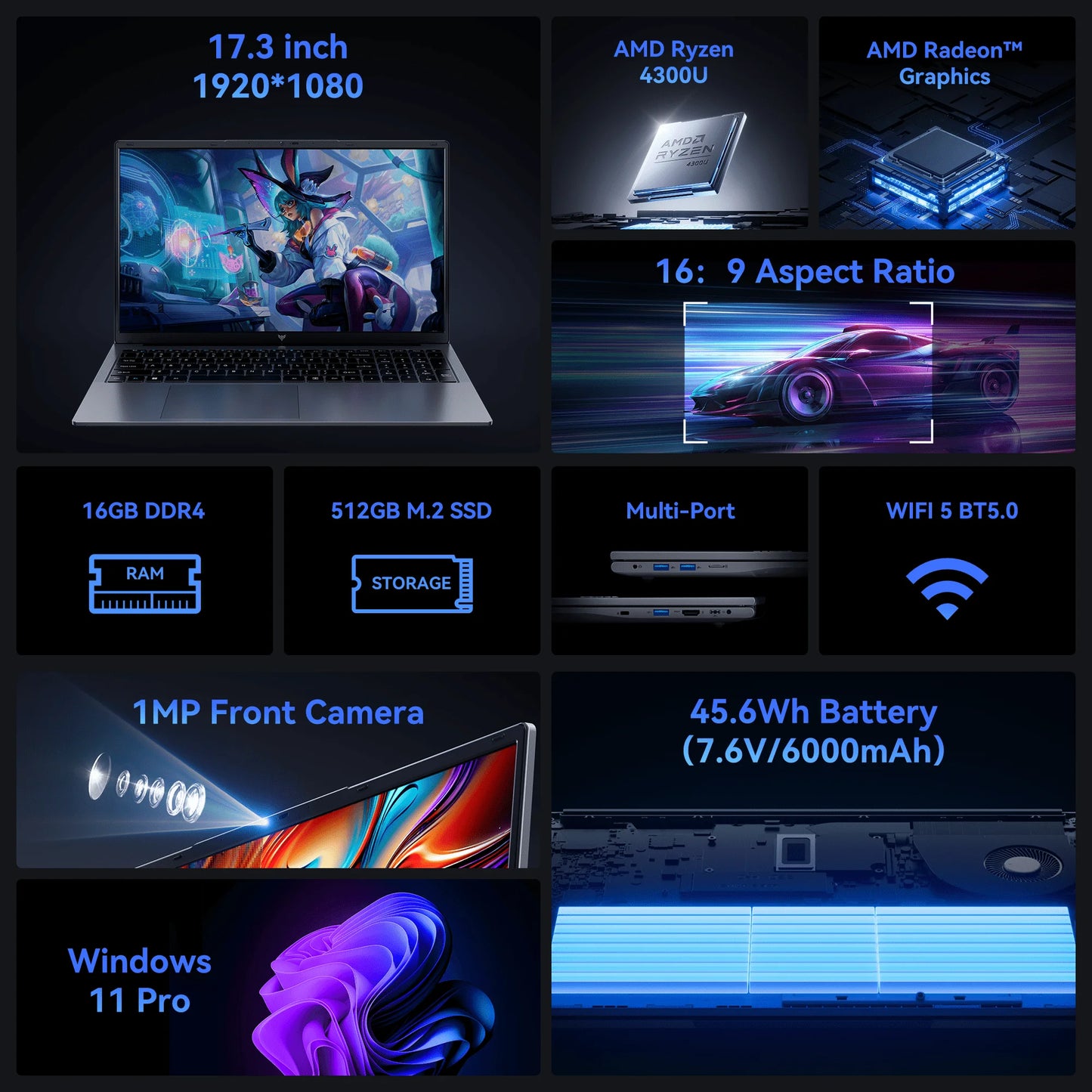 KAMRUI Laptop 17.3" Ultar Slim AMD Ryzen 3 4300U 16GB DDR4 512GB M.2 SSD Max 3.7GHz Radeon 4K 1920P FHD Win11pro Wifi5 Notebook
