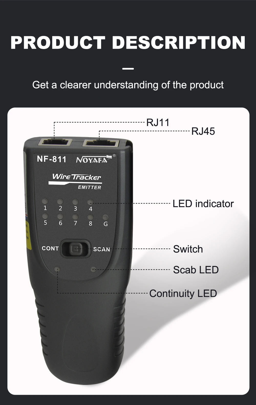 NOYAFA NEW NF-811 Network Cable Tester RJ11 RJ45 Telephone Wire Tracker Toner Ethernet Cable Detector Line Continuity Test Tool