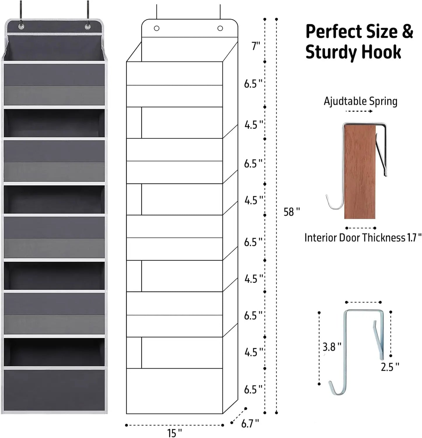 Over Door Organizer with 5 Large Pockets, Heavy Duty Hanging Organizer Storage, Closet Bathroom Nursery Bedroom Dorm, Toys Co