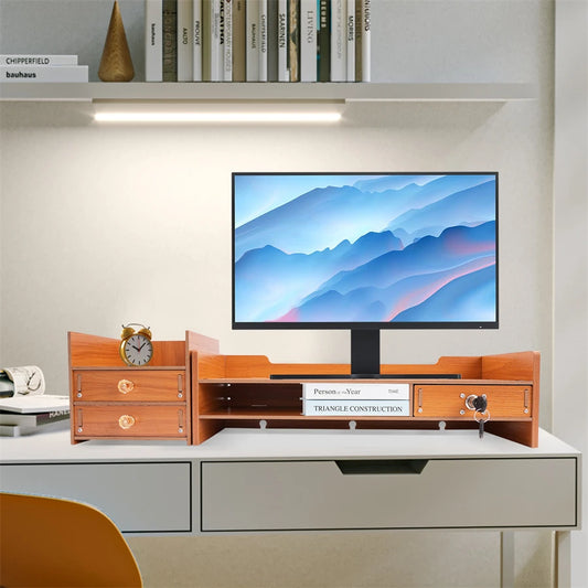 Computer Monitor Stand, Wooden Desk Organizer with Drawers Office Supplies Computer Desktop Tabletop