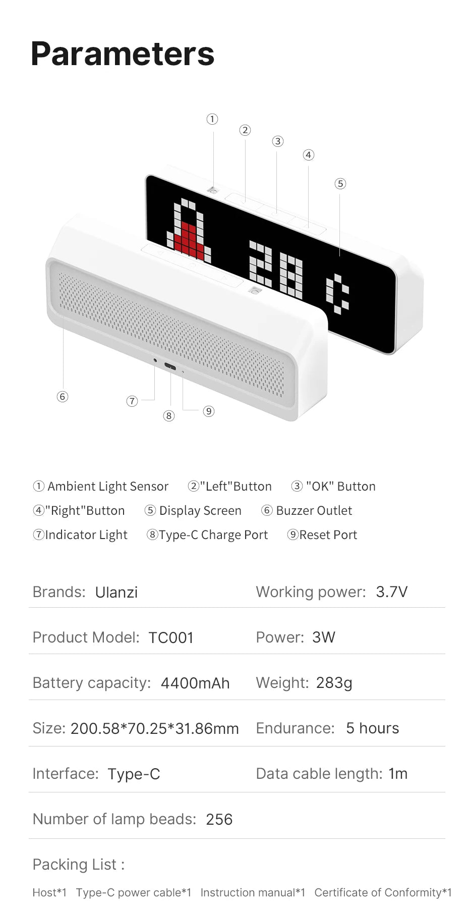 Ulanzi TC001 Smart Pixel Clock Youtube Followers Simultaneous Pixelated Message Display Smart Desktop Clock