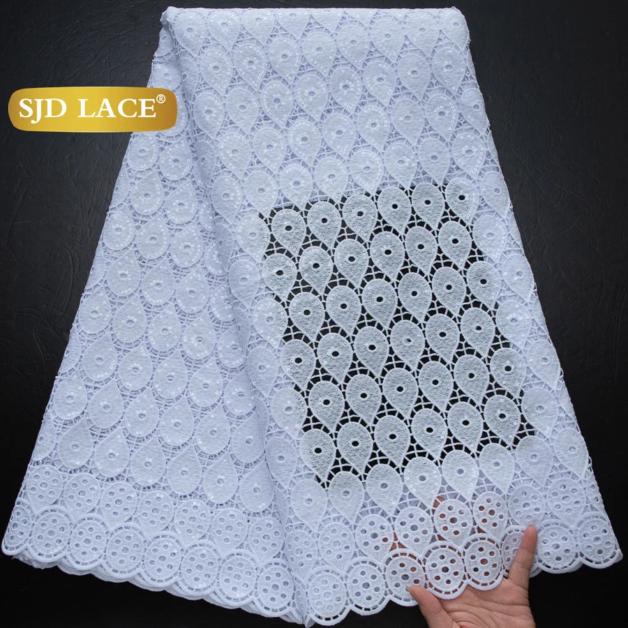 SJD LACE African Sequins Guipure Cord Lace Fabrics 5 Yards White 2026 New Nigerian Water Soluble Lace For Women Dresses Sew 4197