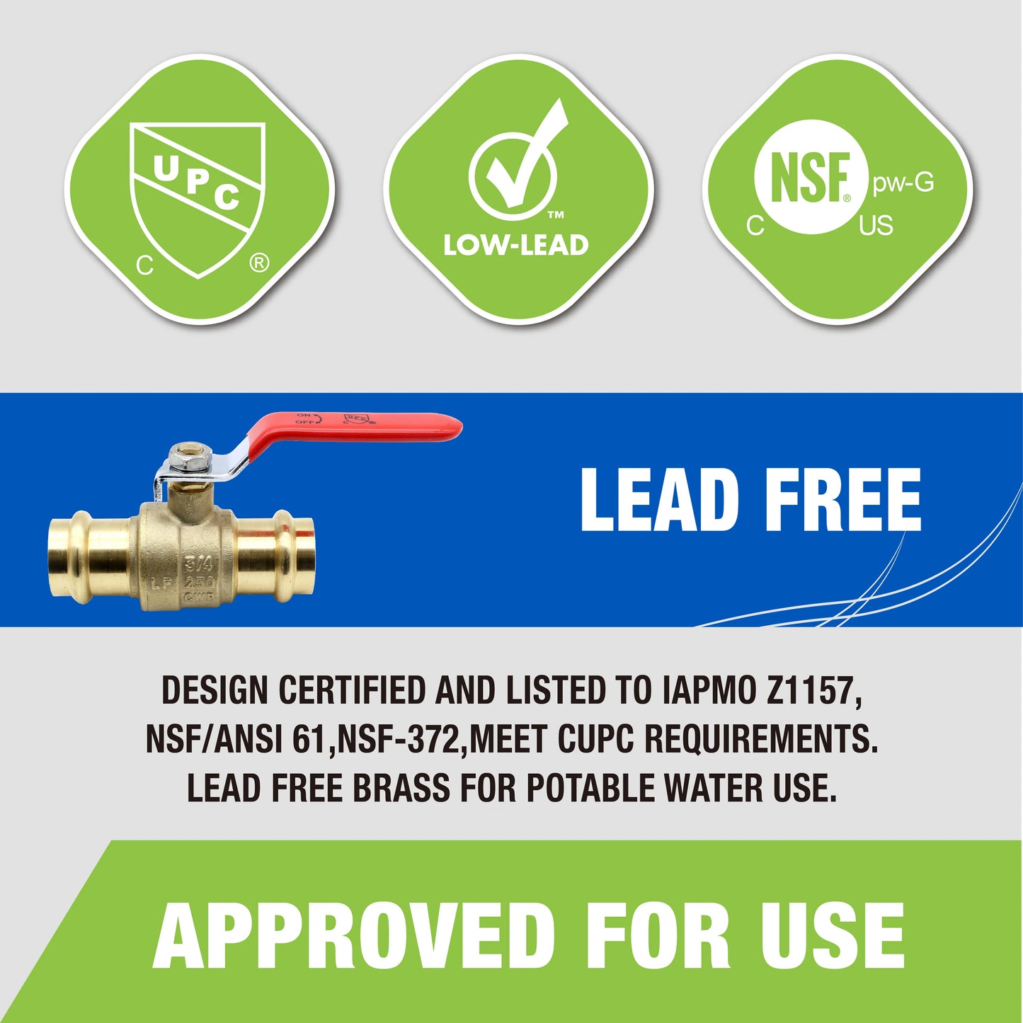 KING SMART 3/4" Press Full Port 1/4 Turn Press Ball Valve; for Hot and Cold Water System; 5 Pcs/Case; Lead Free Brass; 80245