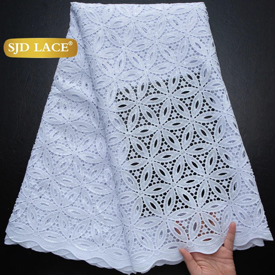 SJD LACE African Sequins Guipure Cord Lace Fabrics 5 Yards White 2026 New Nigerian Water Soluble Lace For Women Dresses Sew 4197