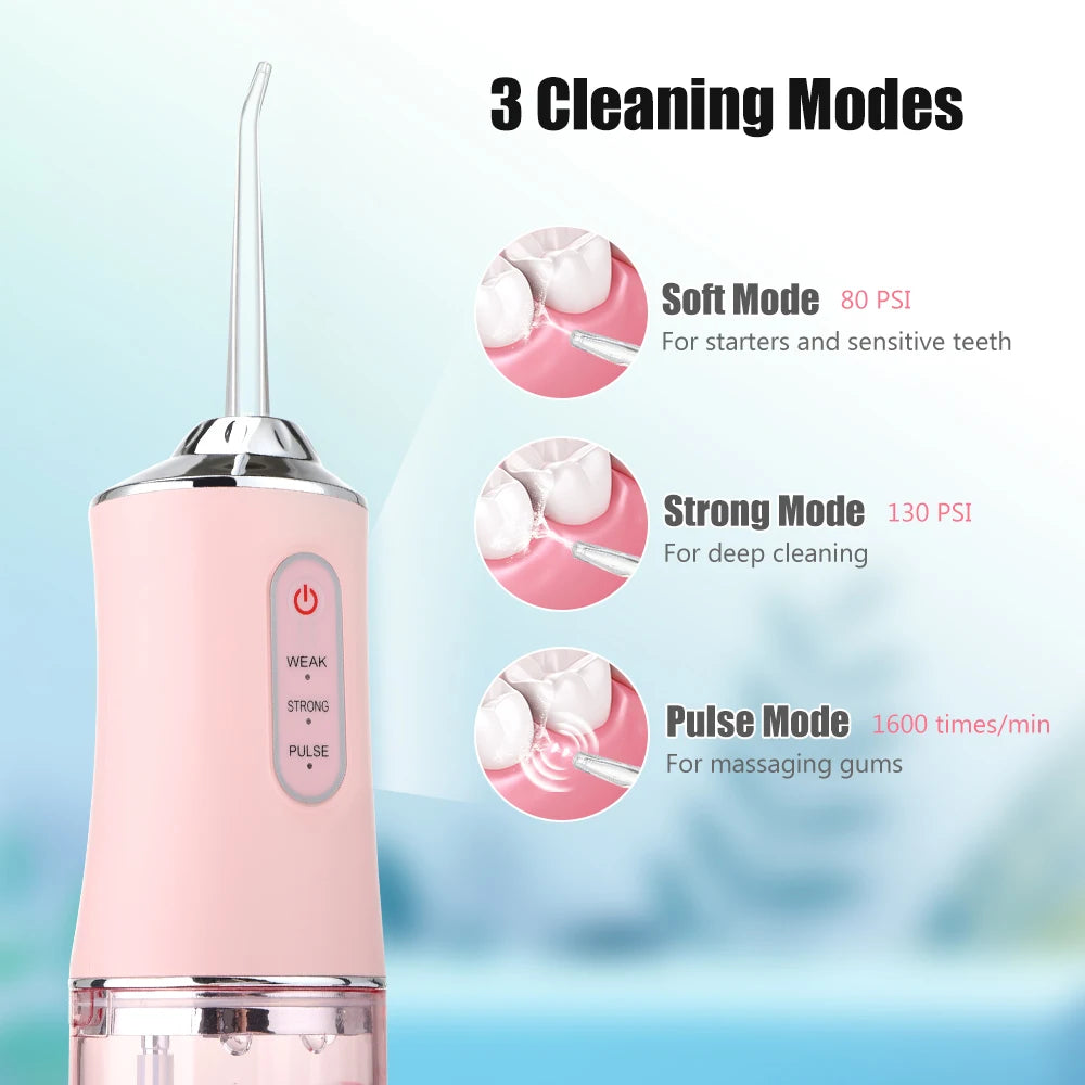 Oral Irrigator Portable Dental Water Flosser USB Rechargeable Water Jet Floss Tooth Pick 4 Jet Tip 220ml 3 Modes Teeth Cleaner ﻿