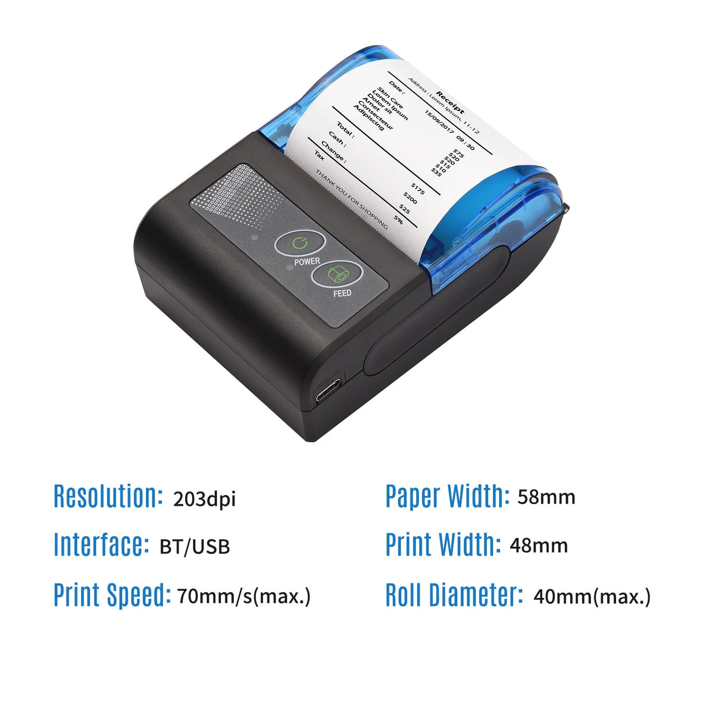 Bisofice Portable Mini Thermal Printer 2 Inch Wireless USB Receipt Bill Ticket Printer with 58mm Print Paper Compatible