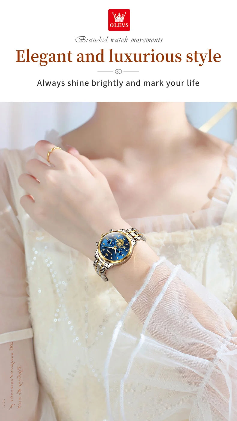 OLEVS Flywheel Skeleton Women Quartz Watch Stainless steel Chronograph Waterproof Luminous Ladies Bracelet Watch for Women Set