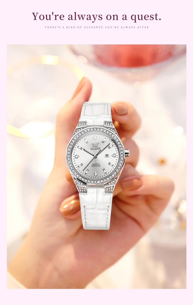 OLEVS Original Women's Watches Diamond Lap Fashion Leather Strap 3m Waterproof Luminous Ladies Wristwatch Quartz Watch for Women