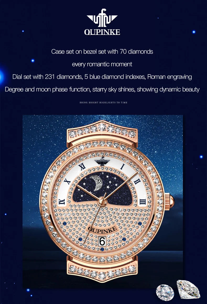 OUPINKE 3216 Woman Watch Waterproof Roman Scale Moon Phase Quartz Watch For Women Luxury Original Diamond Date Ladies Hand Clock