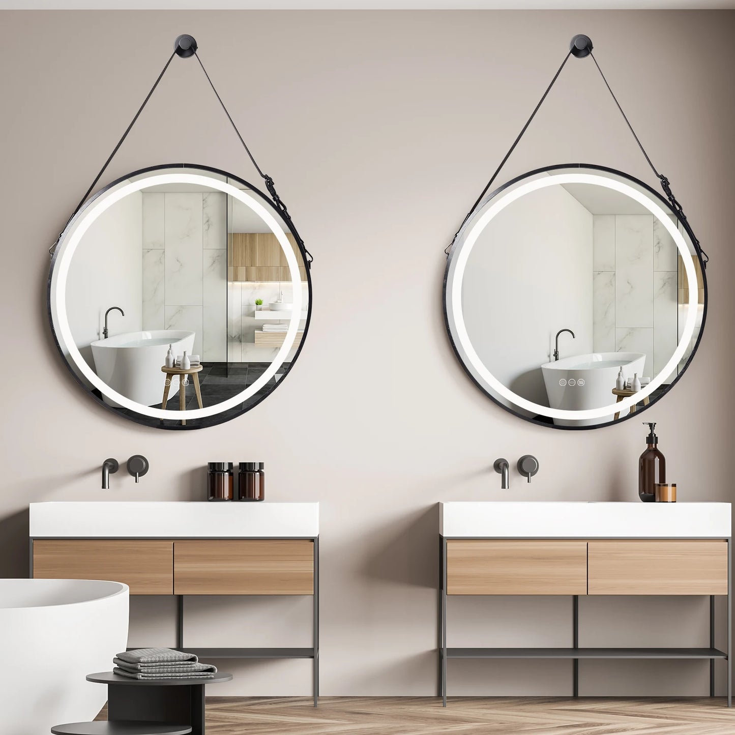 Frame Round Mirror,Round Bathroom Mirror with Light,Wall Mounted Lighted Vanity Mirror, Anti-Fog & Dimmable Touch Switch