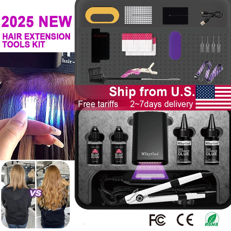 2026 UV Light Hair Extension Tool set Complete Kit with Strong Adhesive Glue And Remover Machine for V-Light Hair Extension tool