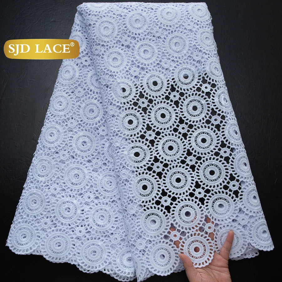 SJD LACE African Sequins Guipure Cord Lace Fabrics 5 Yards White 2026 New Nigerian Water Soluble Lace For Women Dresses Sew 4197
