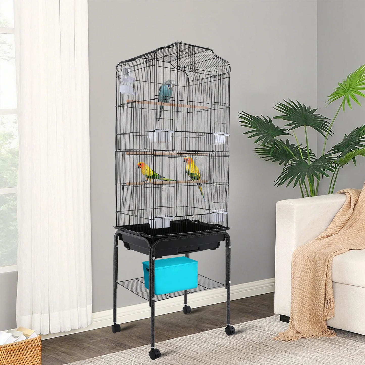 Large Bird Cage with Stand & Wheels, 47x37x137cm Flight Cage for Cockatiels Parrots Finches with Lockable Door (White/Black))