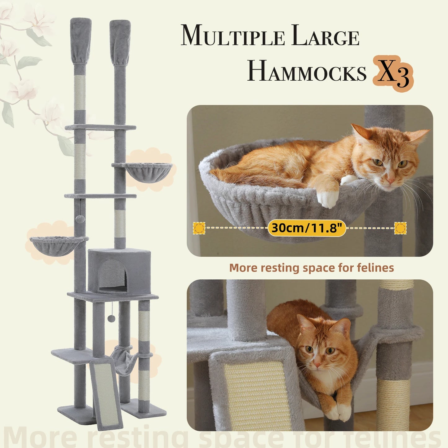 Cactus Cat Tree Floor to Ceiling Cat Tower 7 Tiers Cat Climbing Tree with Cozy Hammocks and Condos 5 Platforms Scratching Posts