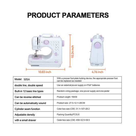 12 Stitches Electric FMSH-505 Sewing Machine Mini Household Sewing Machine with Extension Table US Automatic winding design