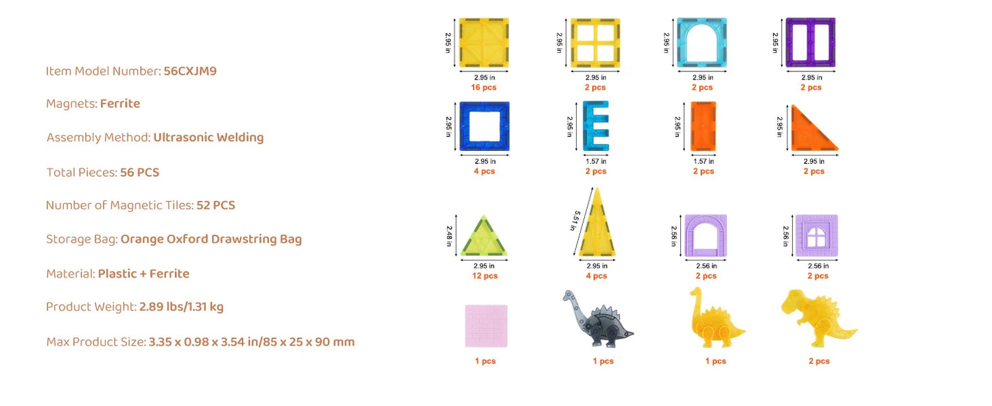 SucceBuy 56PCS Magnetic Tiles Magnet Building Blocks with 4 Dinosaurs Construction Stacking Stem Educational Toys for Kids