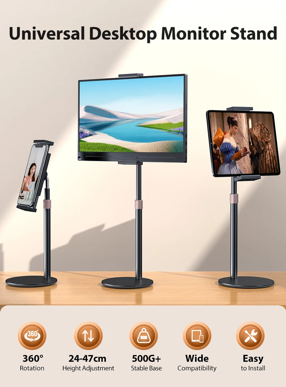 UPERFECT Rotating Portable Monitor Stand Height Adjustable Vesa Monitor Tablet Free Standing Low Profile Desk Mount up to 17.3"