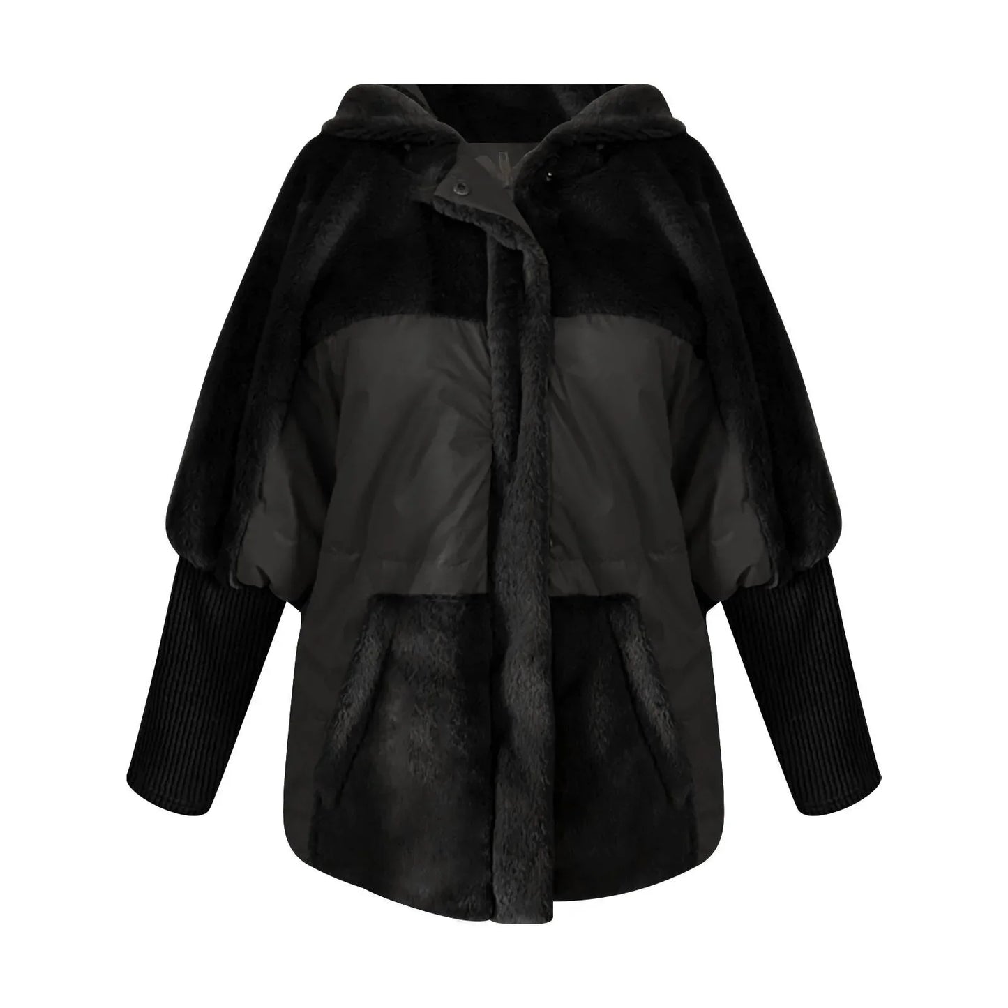 Women's Loose Cotton Coat Faux Fur Patchwork Winter Coat Comfort Chic Long Sleeve Hooded Jacket