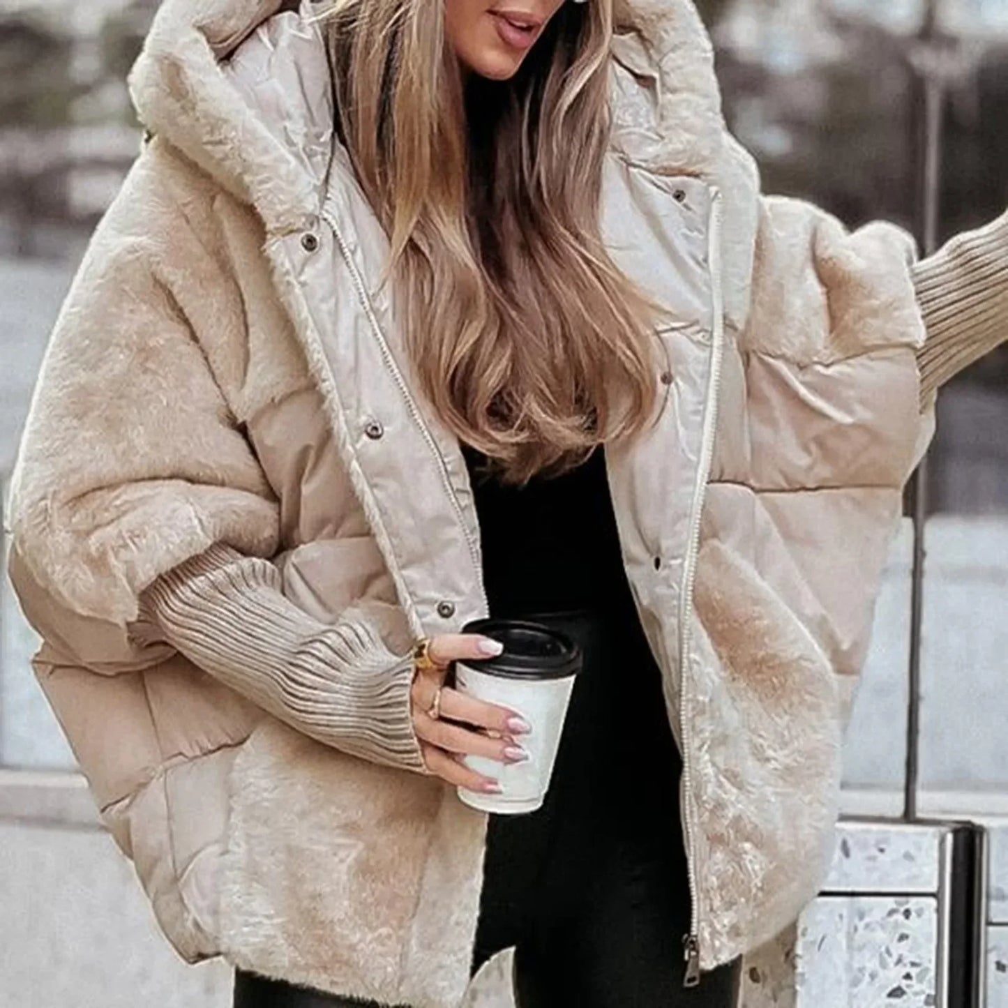 Women's Loose Cotton Coat Faux Fur Patchwork Winter Coat Comfort Chic Long Sleeve Hooded Jacket