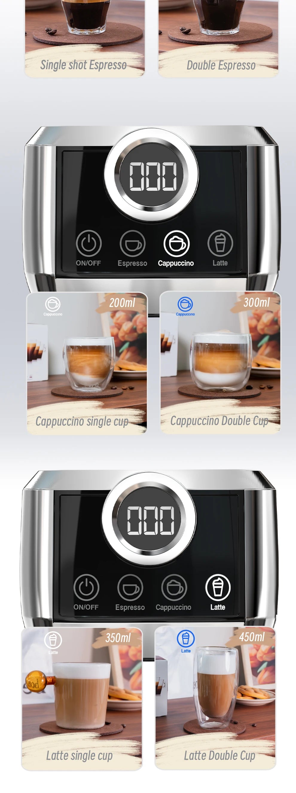 HiBREW  3 in 1 Semi Automatic Espresso Cappuccino Latte Coffee Machine Automatic Milk Froth Ground Coffee Stainless Steels H13A