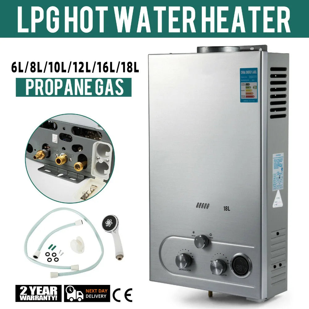 Sihao LPG Gas Hot Water Heater 6L-18L Tankless Instant Butane Propane Gas Boiler With Shower Kit LCD Display For Home Camping ﻿