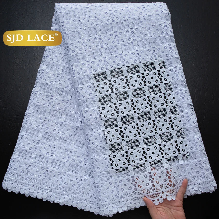 SJD LACE African Sequins Guipure Cord Lace Fabrics 5 Yards White 2026 New Nigerian Water Soluble Lace For Women Dresses Sew 4197