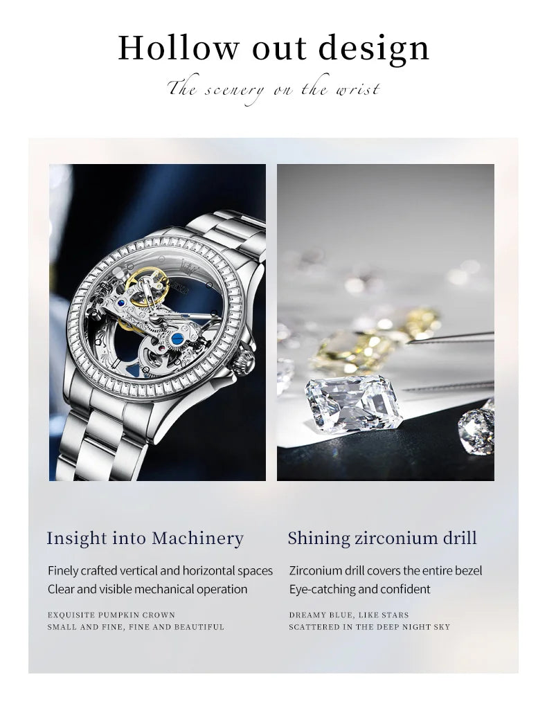 OLEVS 6699 Automatic Mechanical Women's Watch Transparent 40mm Big Dial Design Bracelet Watch Set Gift Luxury Watch for Women