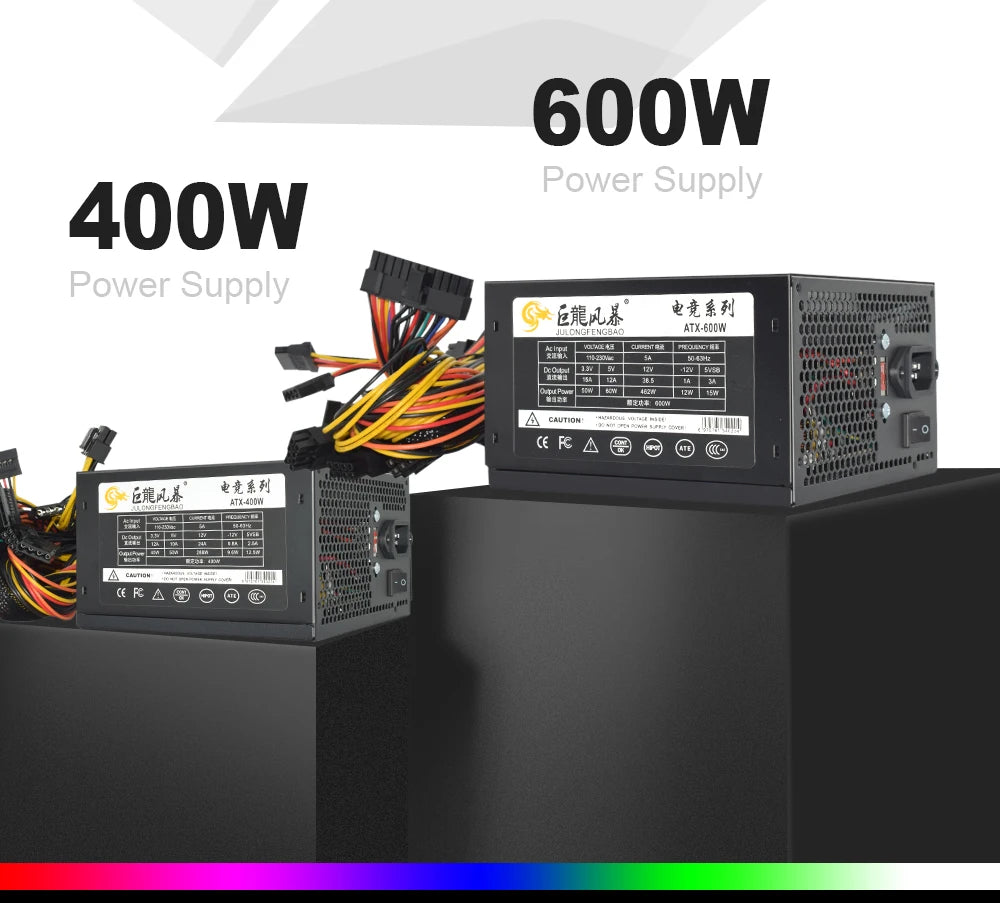 110/230V ATX 400W 600W RGB Colorful Silent Fan PSU 24Pin 12V Desktop E-Sports Video Game Computer Power Supply