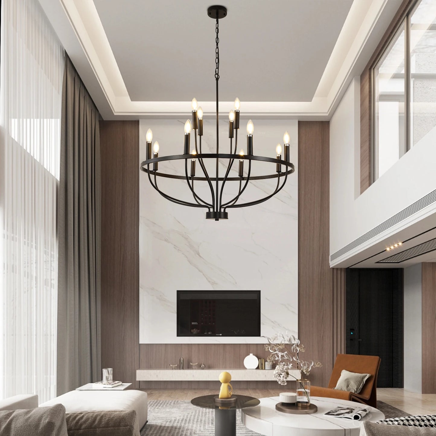 12-Light Black Chandelier Diam 33.46 Inch, Farmhouse Industrial Country Style Large Round Pendant Light Fixture for Dining Room