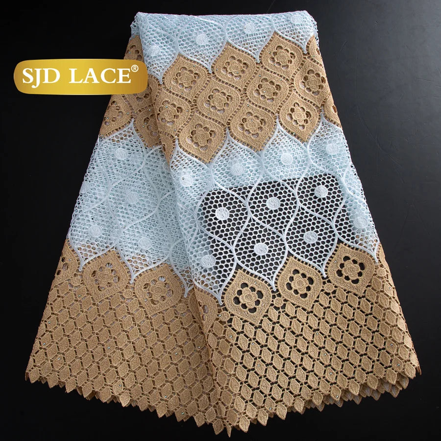 SJD LACE African Guipure Cord Stones Lace Fabric 5 Yards 2026 New Nigerian Water Soluble Lace For Women Wedding Party Dress 3844