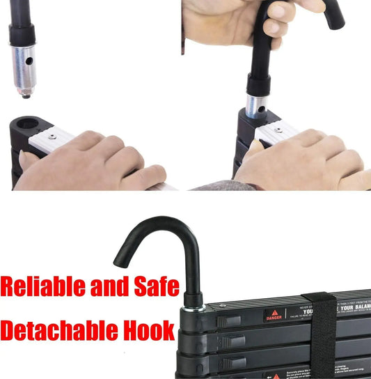 NEW! Stronger Black Telescopic Ladders 10.5FT-20.3FT Folding Aluminium with Detachable Hooks Extendable Steps Non-Slip Home Tool