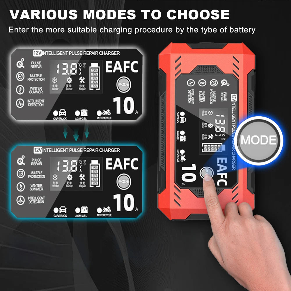 EAFC 12V 10A Car Battery Charger 6A Full Smart Charger Pulse Repair LCD Display Fast Charging Car Motorcycle AGM Gel Wet