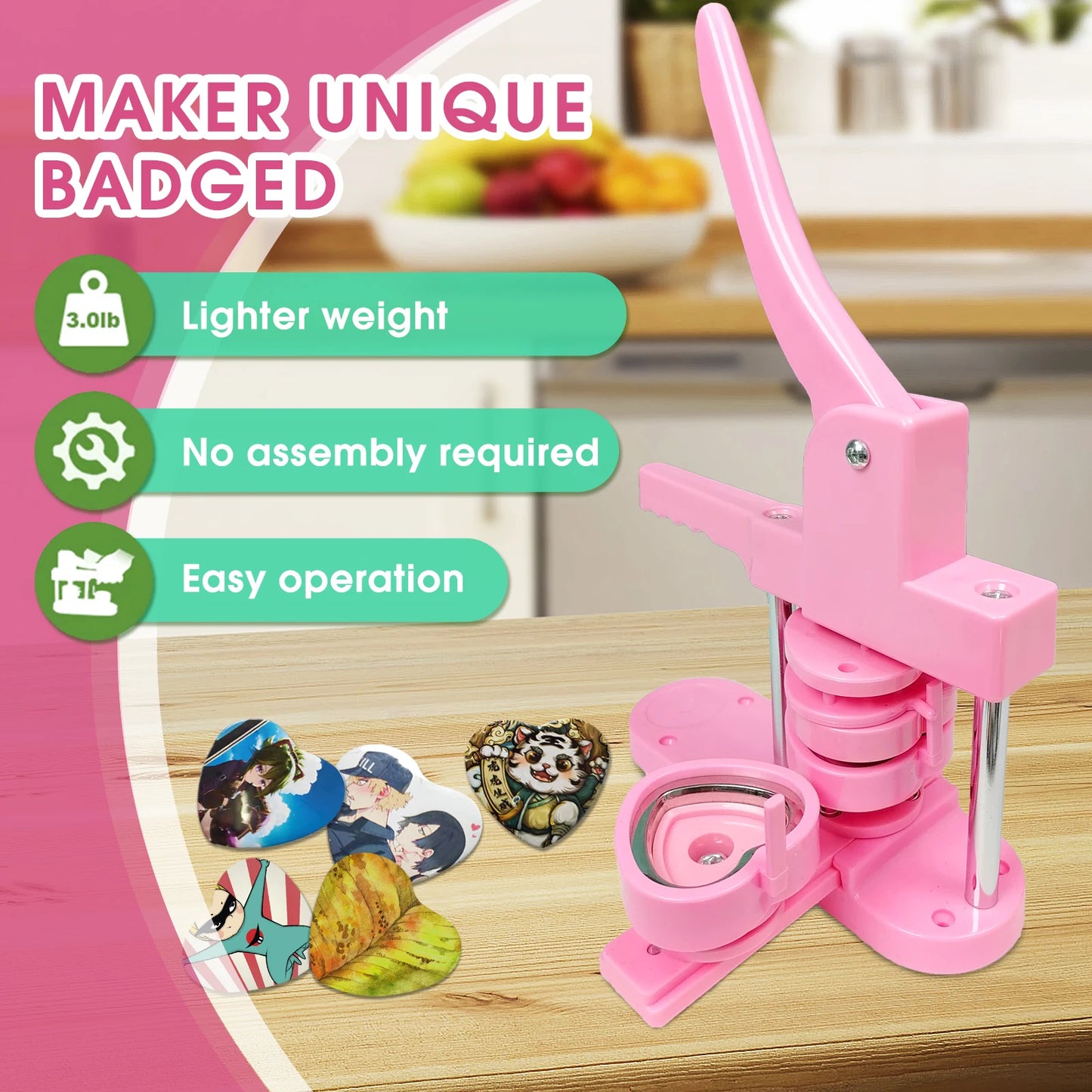 Heart-Shaped Button Maker Machine, DIY Pin Button Maker Press Machine Kit (Pink) Great gift
